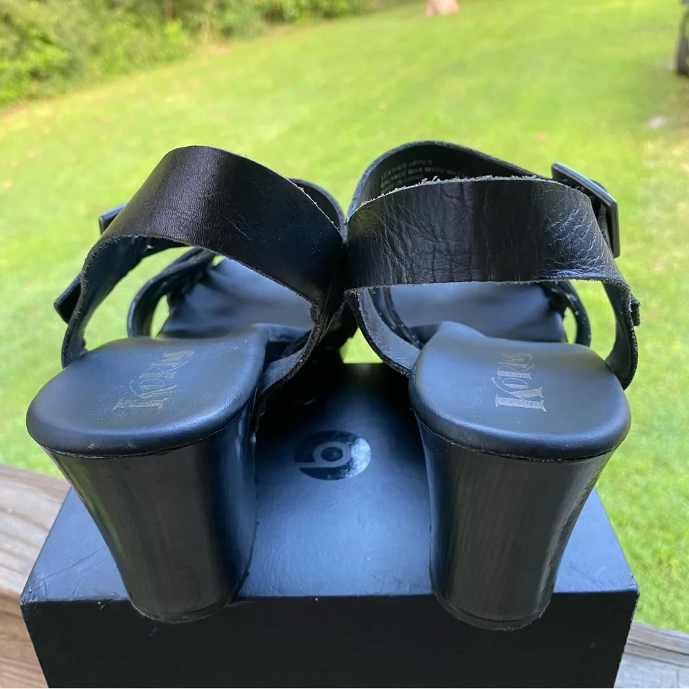 ✅ Korks Wooden Platform Wedge Heels Black Leather Strappy Womens‎ size 10